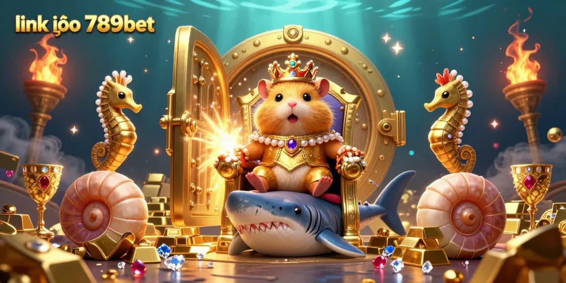Engage with the vibrant treasure scene featuring link vào 789bet, a golden hamster king, and lavish gems in an underwater realm.