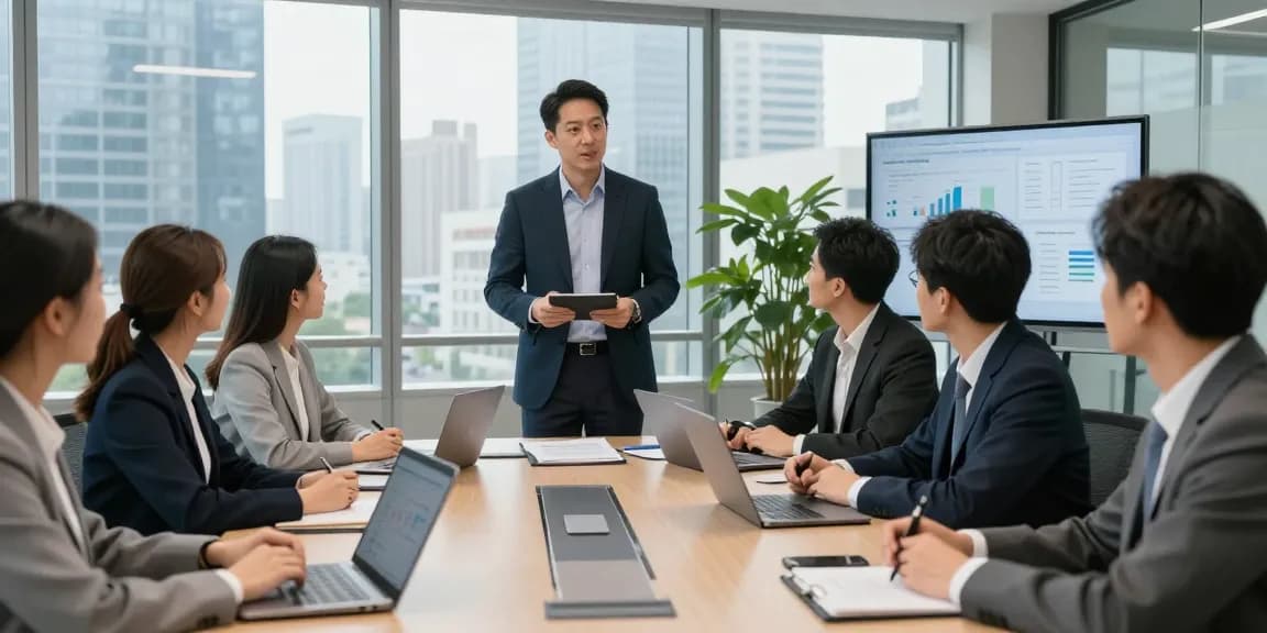 Terry Hui leading a professional meeting in a modern office setting.