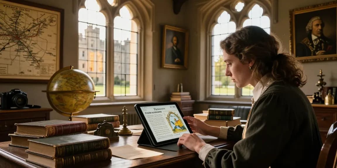 Engaged reader at https://tyntescastle.com exploring Tynte's Castle history with tablet and vintage books.