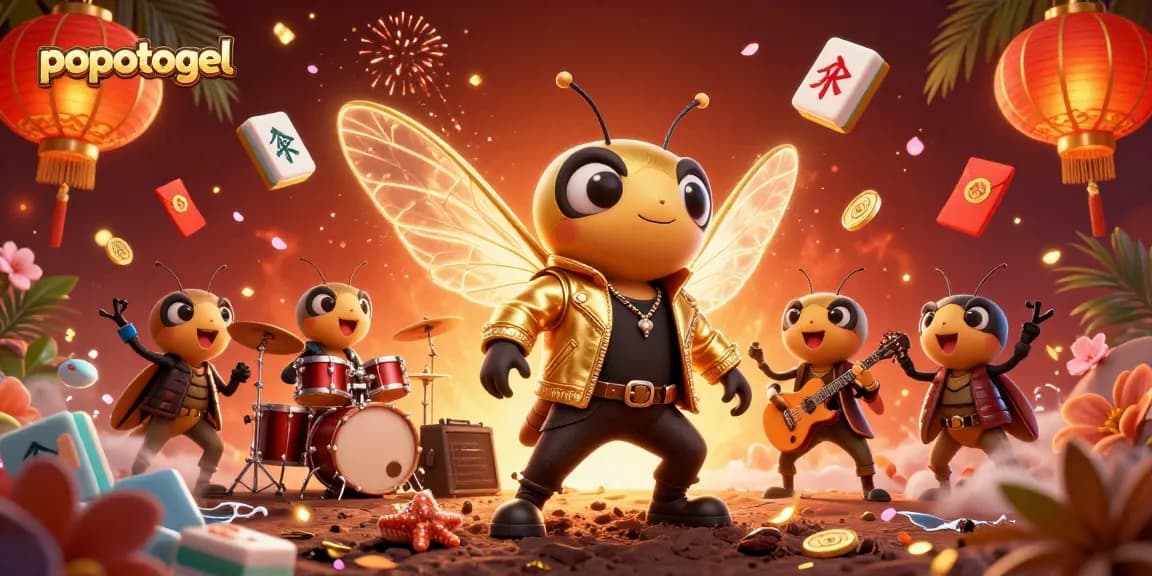 Experience popotogel excitement with a vibrant 3D illustration featuring a cicada rock star and dynamic game elements.