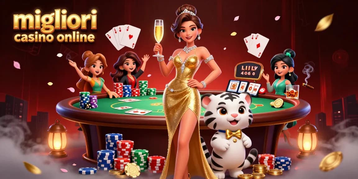 Vivi l'emozione con i migliori casino online che presentano una donna glamour e un cucciolo di tigre fortunato in una scena di casinò vibrante.