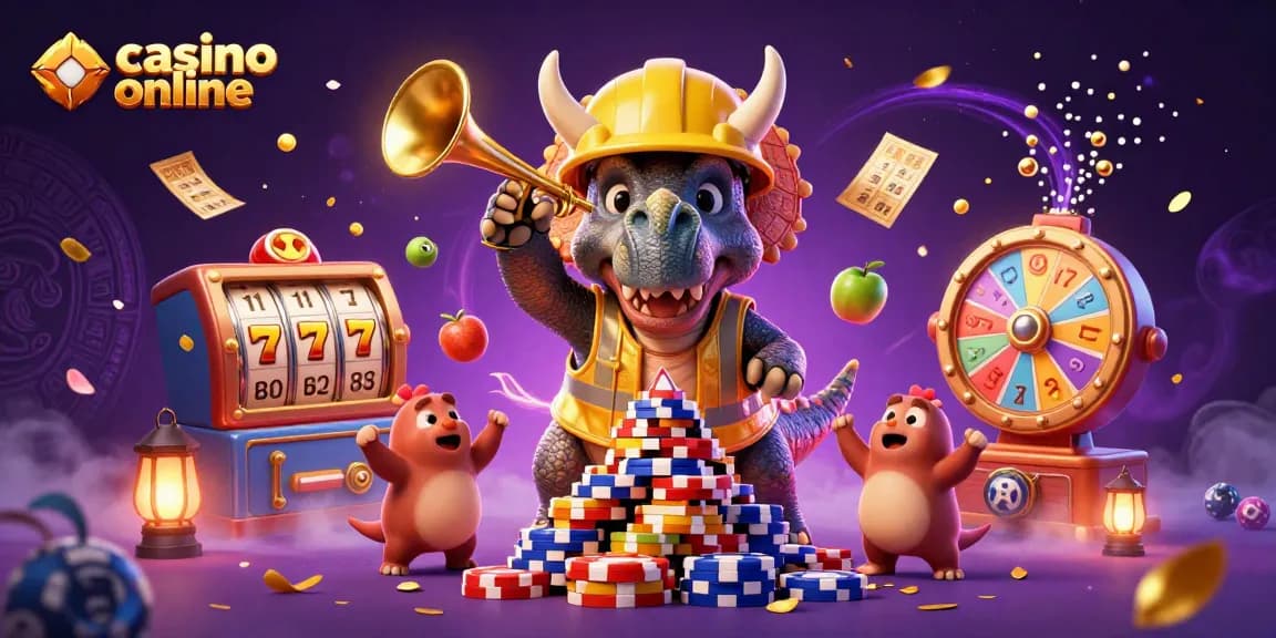 Sloturi captivante la casino online cu triceratops și festivități pline de culoare.