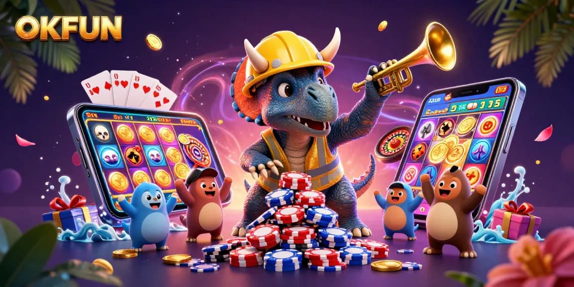 Join the OKFUN casino excitement with a cheerful triceratops and a dynamic gambling scene.