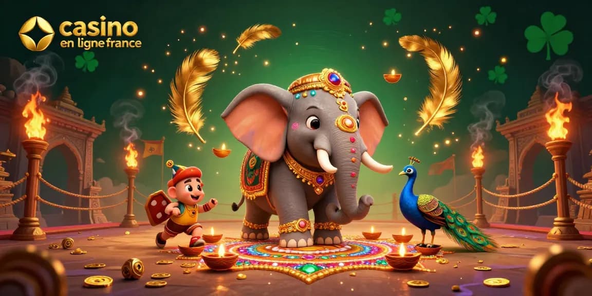 Vivez des moments d'excitation au casino en ligne France avec un éléphant décoré et un paon, entourés de pièces d'or.