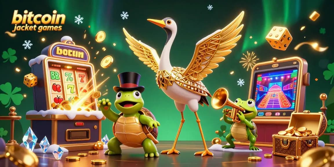 Experience thrilling bitcoin jackpot games with colorful illustrations featuring lively characters and dramatic visuals.