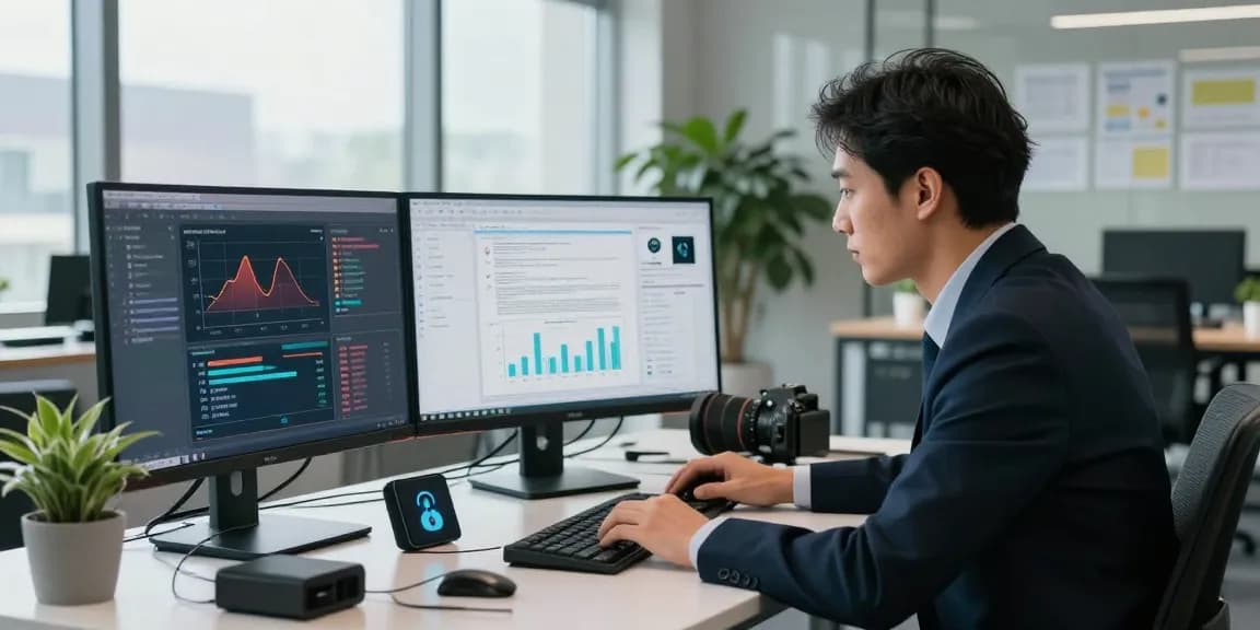 IT security specialist analyzing document fraud detection solution in modern office