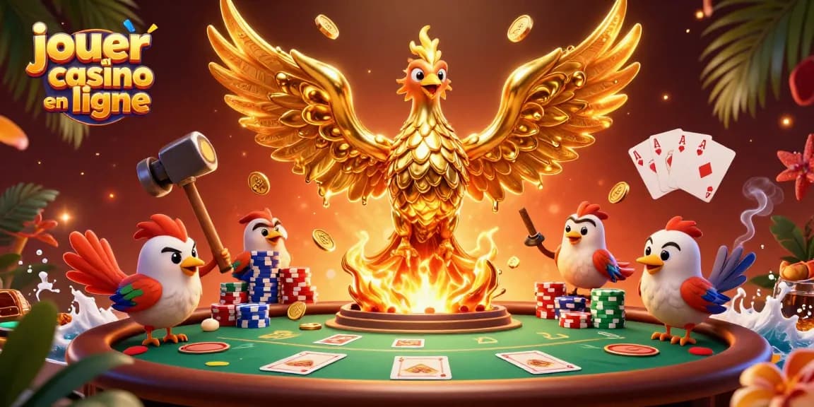 Jouez au casino en ligne avec cette illustration du phénix doré émergeant d'une forge, entouré de jeux de cartes.