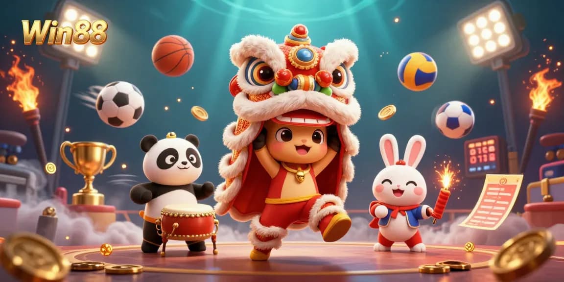 Enhance your play at Win88 with vibrant casino-themed illustration showcasing a lion dance and sports betting