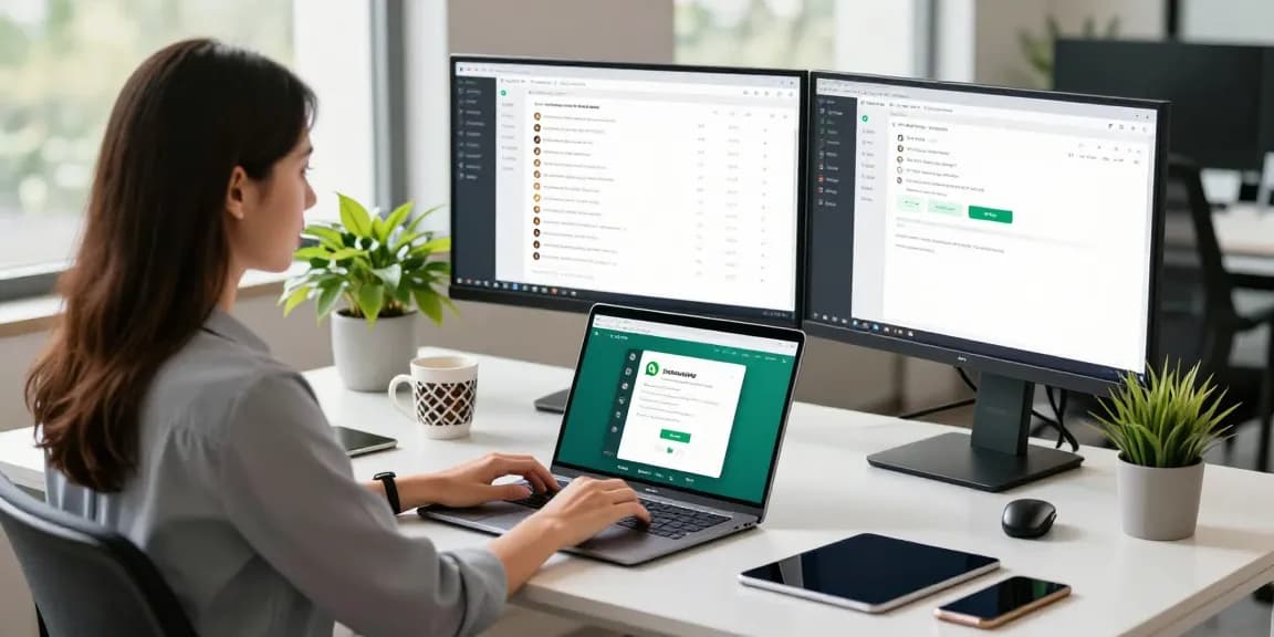 Professional woman using WhatsApp網頁版 on a laptop in a modern office environment.