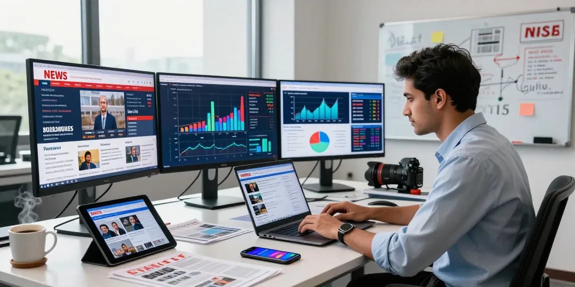 Engaging news scene at https://www.theindaily.com showing journalist reporting live updates in a bustling office.
