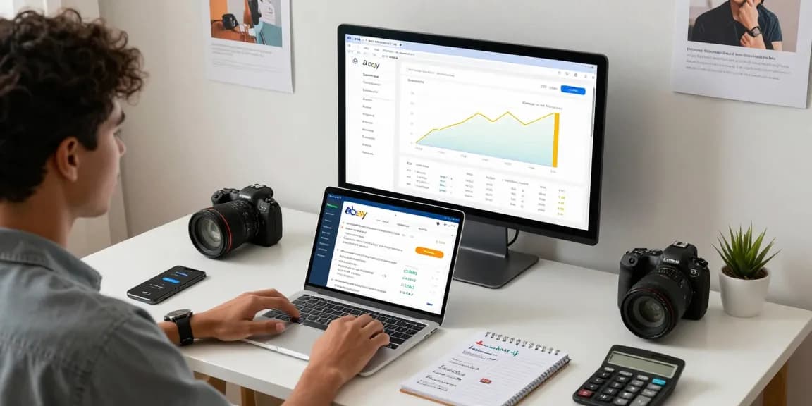 Maximize your company ebay account potential with a professional e-commerce workspace setup, highlighting analytics and listings.