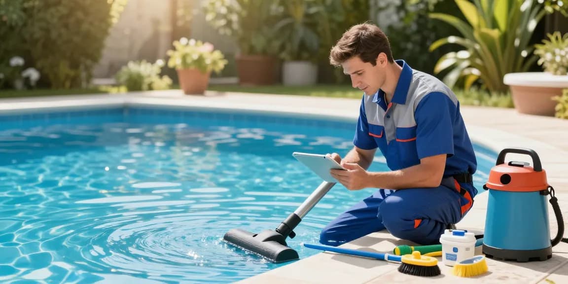 Professional performing servis bazenske tehnike, ensuring pool water quality and equipment maintenance.