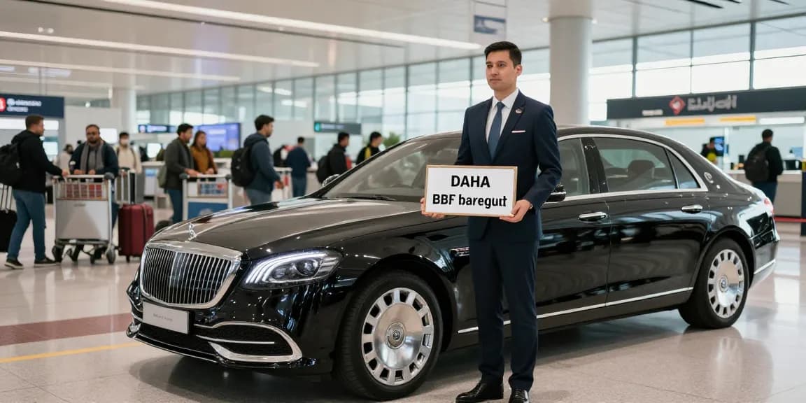 Chauffeur service at Dubai airport awaits travelers with professionalism and reliability, showcasing luxury vehicle.