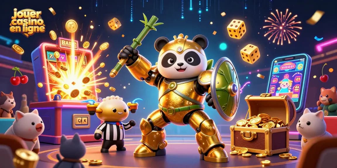 Jouer au casino en ligne avec une illustration 3D dynamique de panda doré et robot dans un environnement de casino
