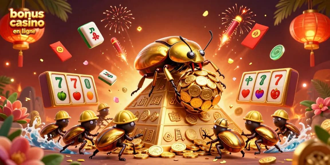 Visualisez le bonus de casino en ligne avec un scarabée doré et des jetons colorés.