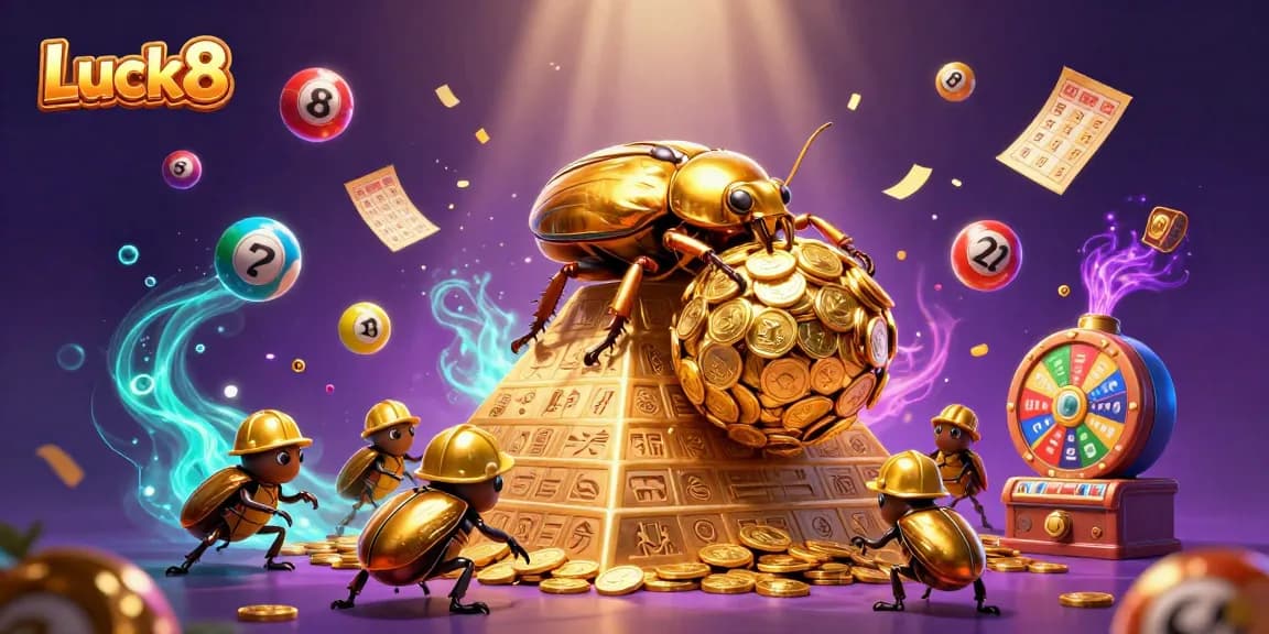 Experience Luck8's exciting world of betting with golden symbols and vibrant visuals in this dynamic casino illustration.