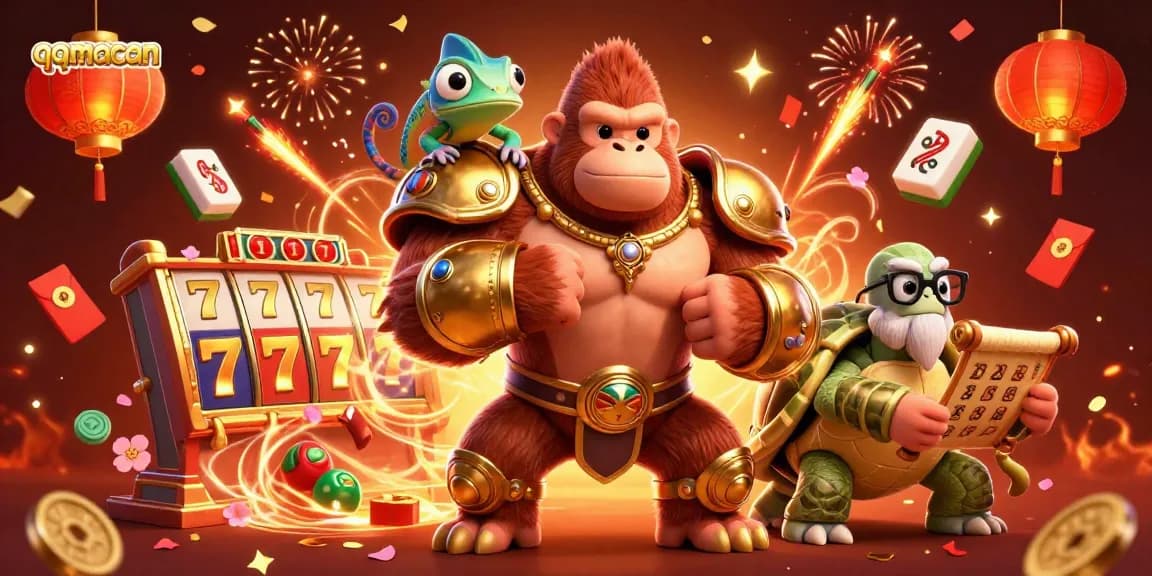 qqmacan showcases a powerful gorilla king and friends in a vibrant casino-themed illustration.