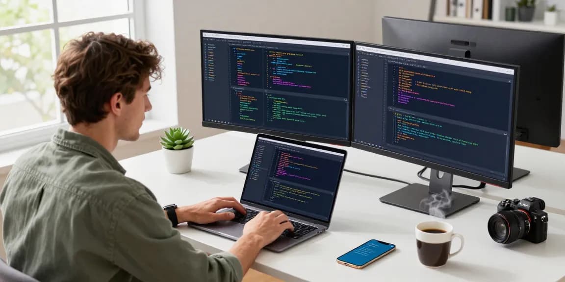 快连 software developer coding in modern workspace with dual monitors, natural light and innovative atmosphere.