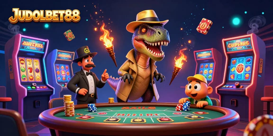 Experience JUDOLBET88 with a vibrant casino scene featuring a velociraptor card counter and amusing characters.