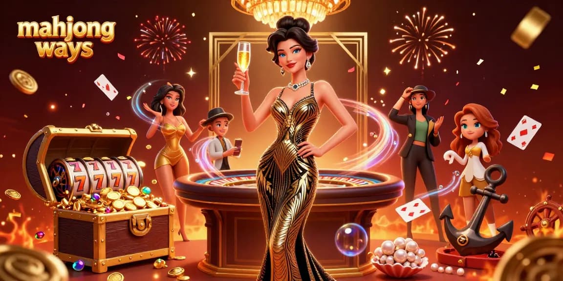 Experience the excitement of mahjong ways with an elegant Asian woman celebrating at a glamorous casino.