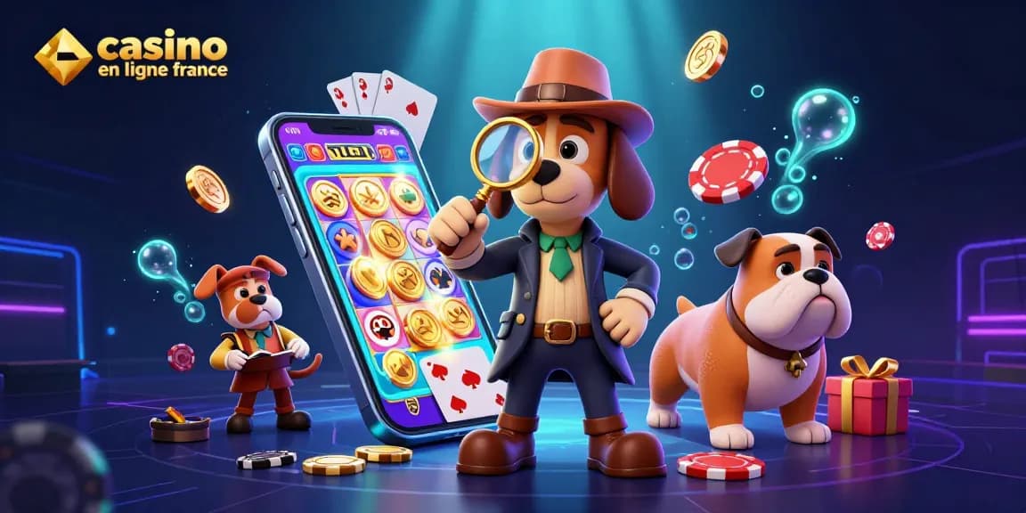 Examinez les stratégies gagnantes au casino en ligne France avec un détective et un chiot au milieu d'éléments de jeu vibrants.