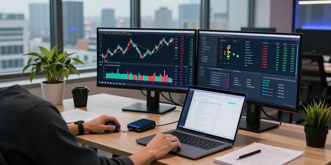 Funexchange - Cryptocurrency trading scene with live market analysis and DeFi yield farming strategies displayed on multiple screens in a modern workspace.