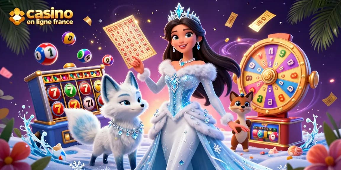 Experience excitement at casino en ligne france with vibrant slot reels and a captivating winter-themed scene.