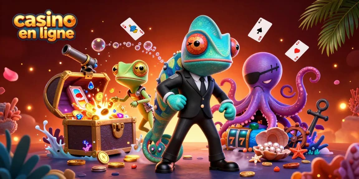Jouez à des jeux passionnants au casino en ligne avec une illustration colorée mettant en scène des personnages au milieu d'éléments de jeu dynamiques.