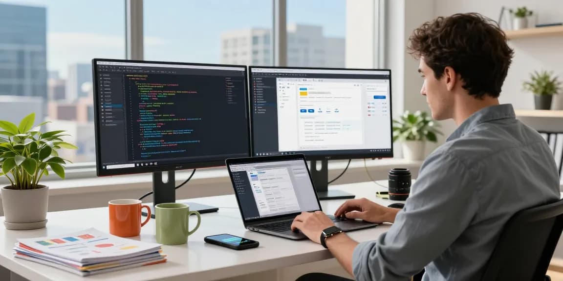 Professional developer at a modern desk using telegramin-cn.com features for coding and collaboration.