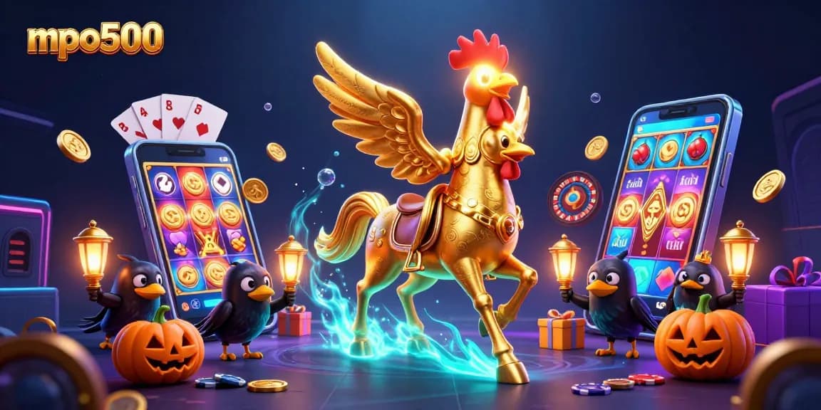 MPO500 delivers exciting gameplay with golden rooster and spooky companions in a vibrant casino.