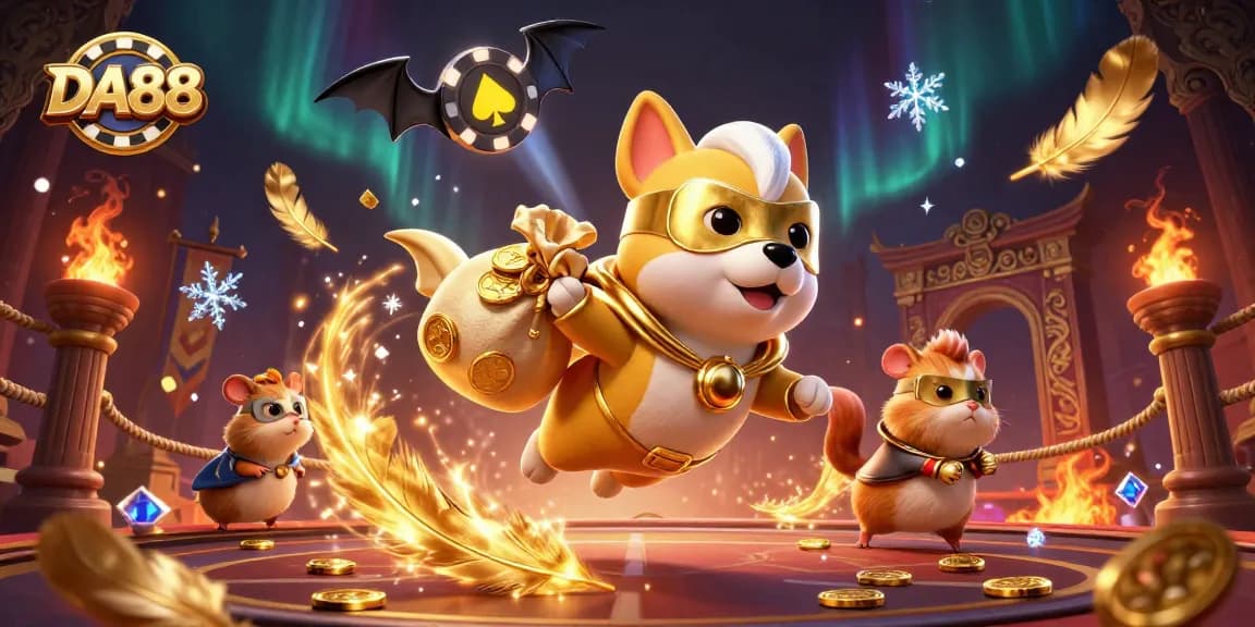 Experience thrilling adventures with DA88 as the superhero dog flies through a vibrant casino-themed world.