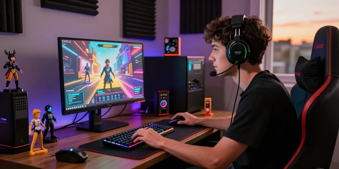 Pengguna JURAGAN77 bermain game online dengan fokus tinggi di monitor canggih.