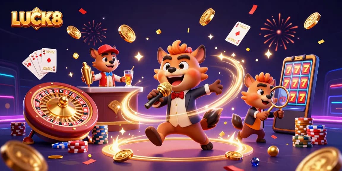 LUCK8 presents a vibrant casino scene with hyenas enjoying gaming and comedy.