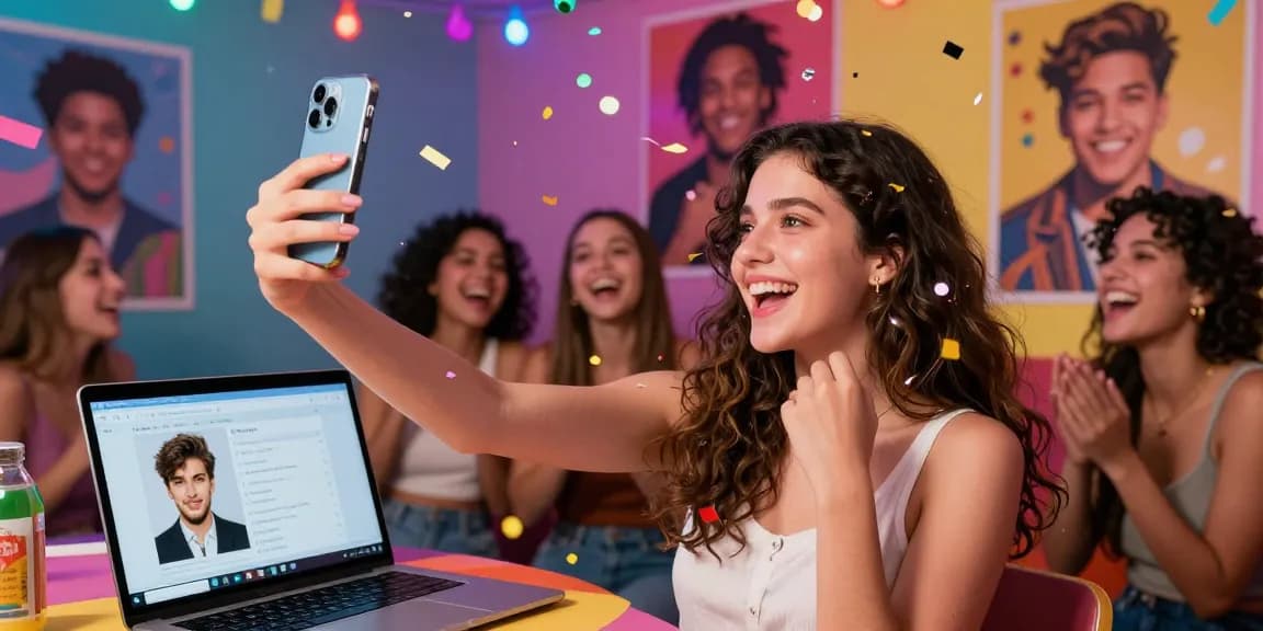 Discover your celebrity i look like in a fun party scene with friends and vibrant colors.