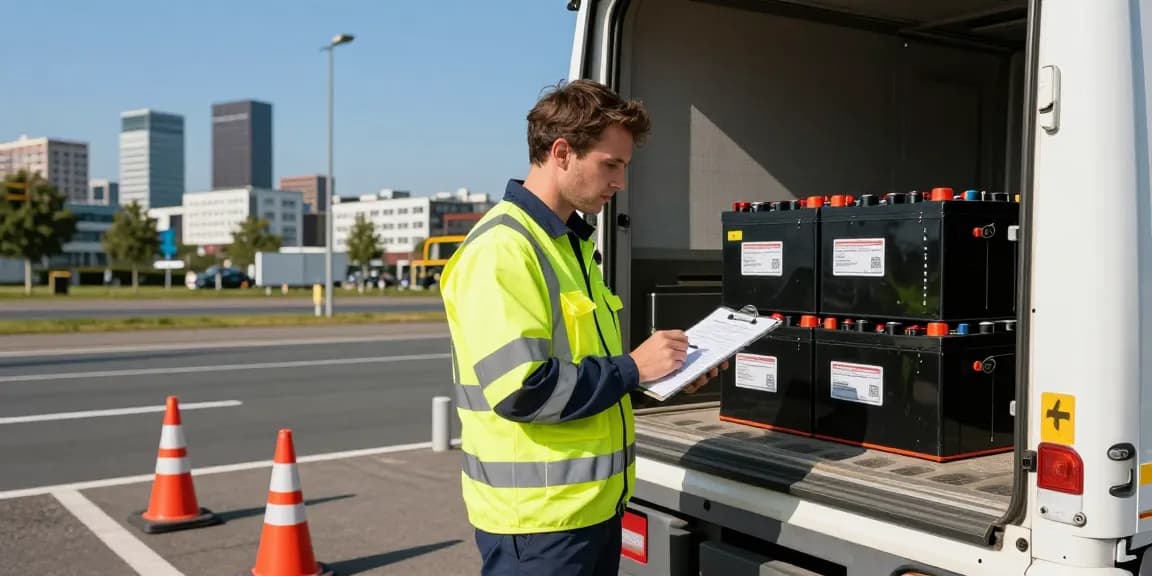Batterie Transport von Dortmund: Fahrer überprüft Lithium-Batterien in sicherer Umgebung