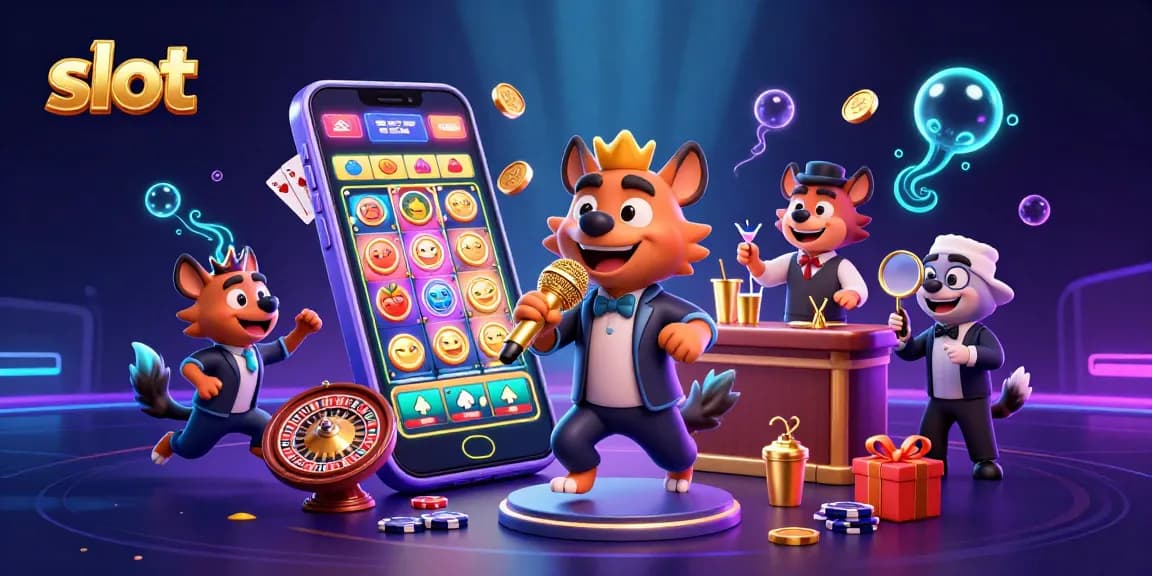 Slot yang menggairahkan dengan hyena kartun di klub kasino, seniman 3D entertainment.