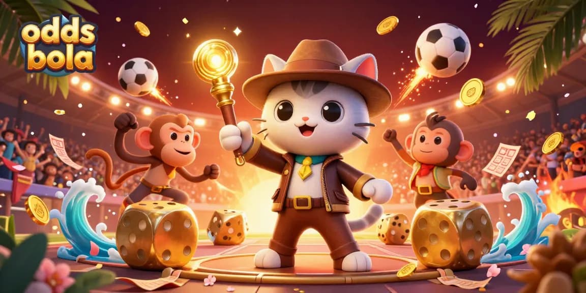 Engage with odds bola through this vivid 3D scene showcasing sports betting elements and energetic characters.
