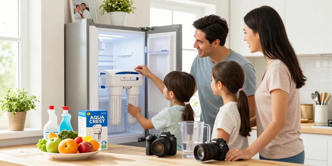 AQUA CREST DW2042FR-09 Refrigerator Water Filter installation in a bright kitchen with a family teaching children.