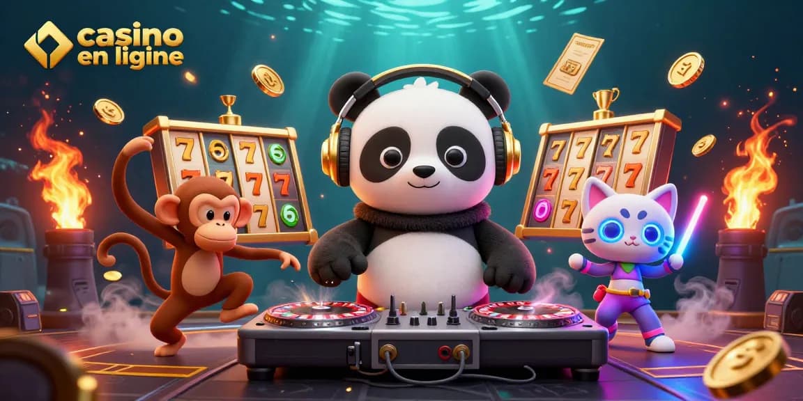 Les aventures excitantes d'un panda DJ dans un casino en ligne, entouré de gains et de jeux.