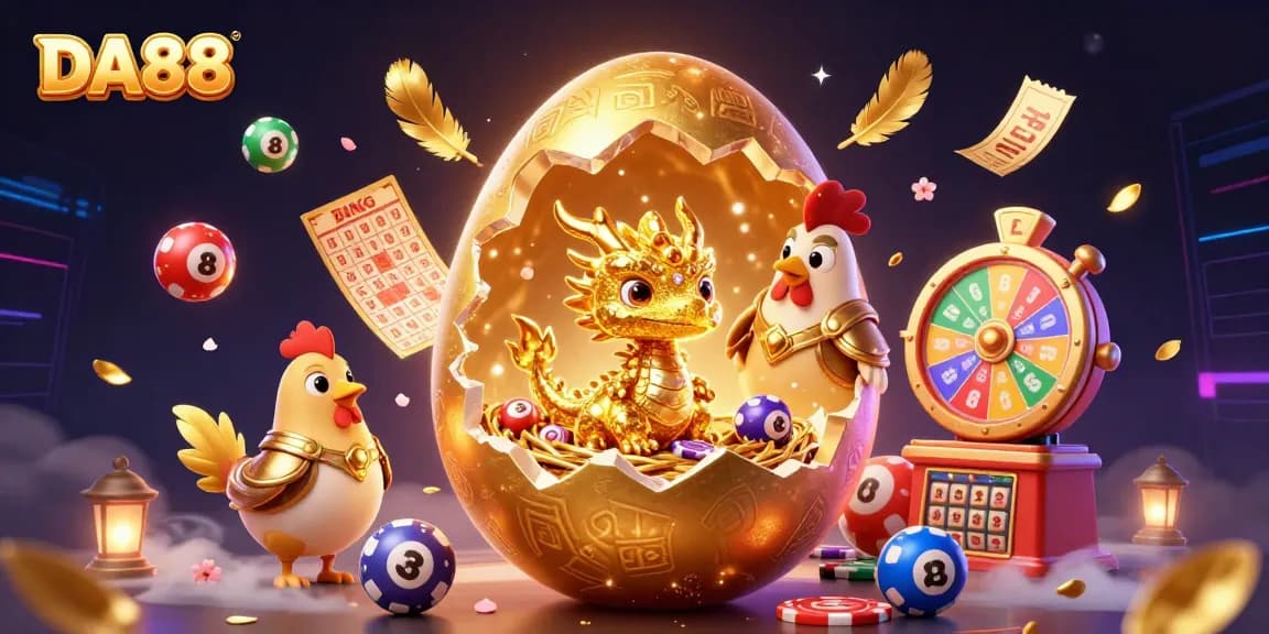 Experience the thrill of DA88 with a golden dragon guarding jackpot treasures amidst vibrant lottery excitement.