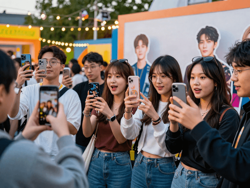 Friends comparing photos and discussing who they look like celebrities at a vibrant outdoor event.