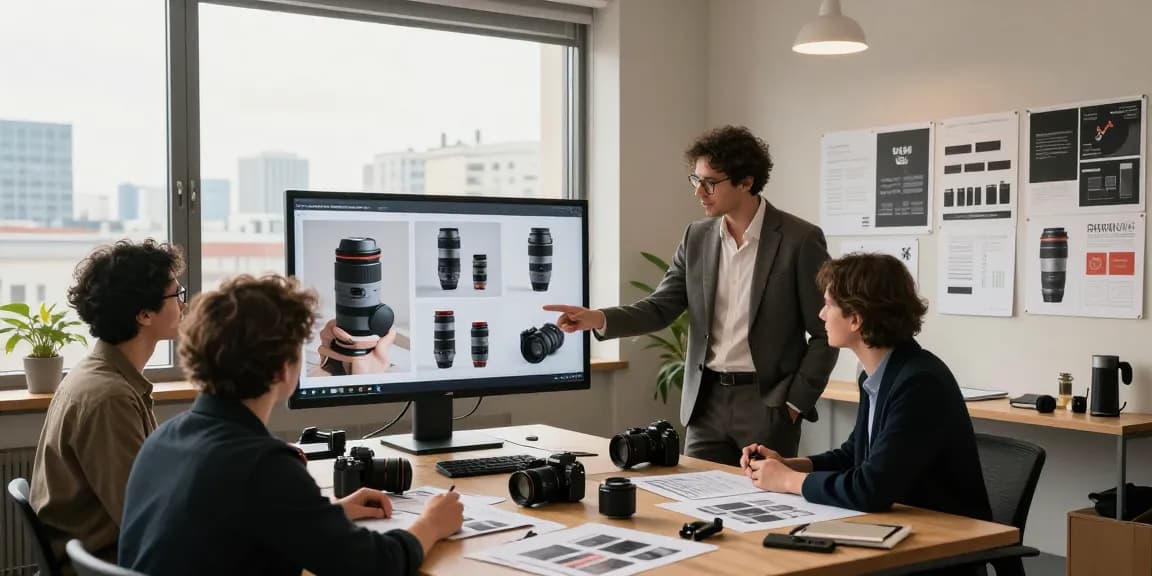 Photographe publicitaire à Milan en pleine séance de travail avec une équipe créative.