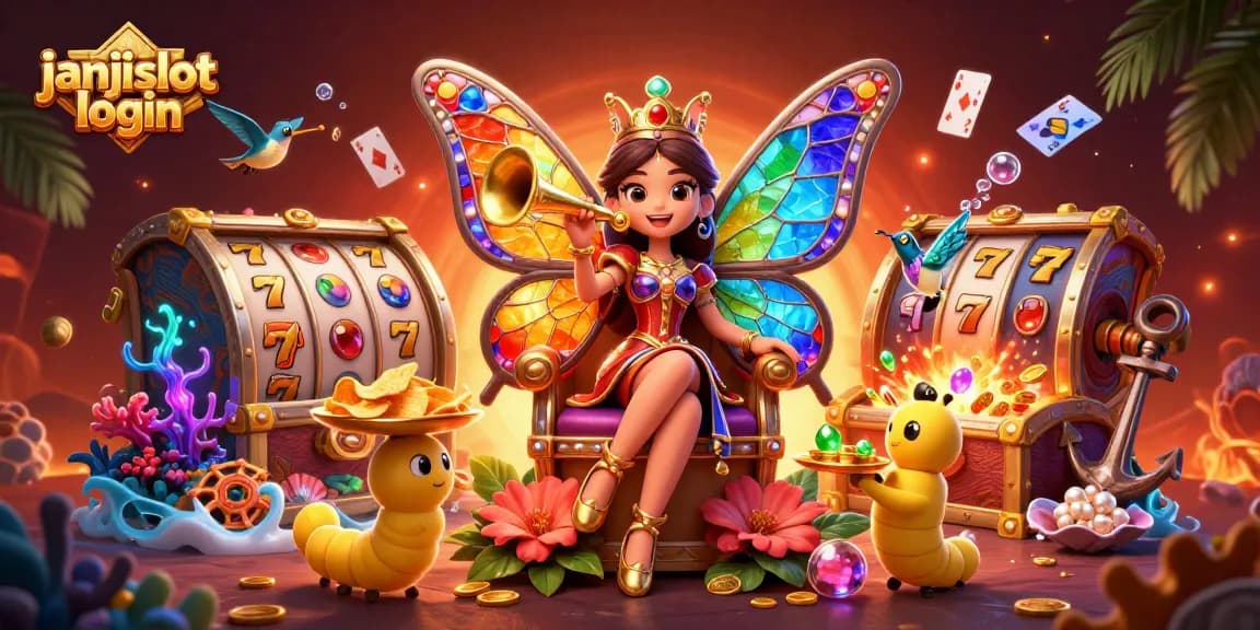 Experience janjislot login with a vibrant 3D scene showcasing a butterfly queen, slot reels, and ocean treasures.