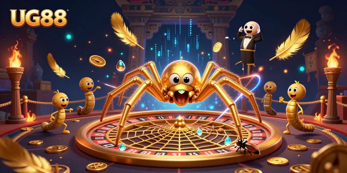 Bet on UG88 with a golden spider at the roulette wheel, surrounded by vibrant casino elements