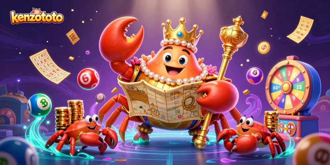 Kenzototo offers vibrant lottery action with a golden crab emperor amidst dynamic game elements and glowing effects.