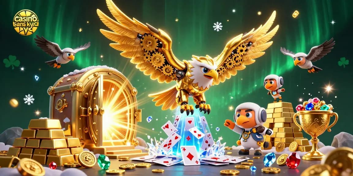 Jeu passionnant au casino sans kyc avec des cartes holographiques et un aigle cybernétique.