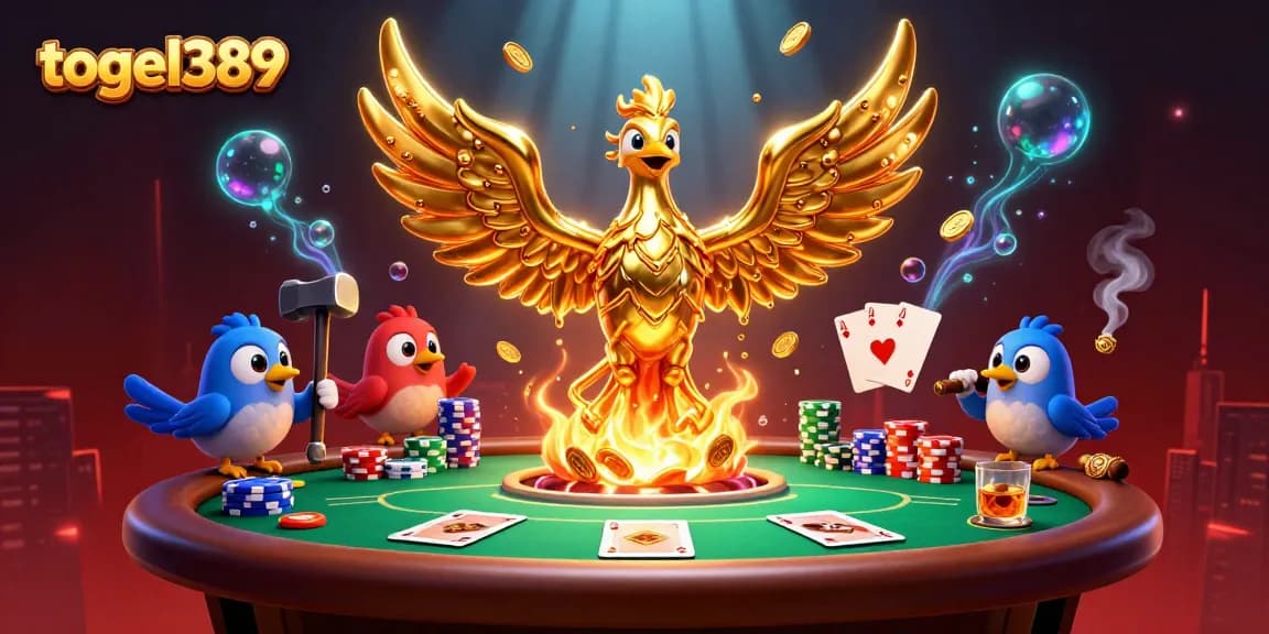 Engage with the vibrant scene showcasing togel389, featuring a golden phoenix and interactive poker elements.