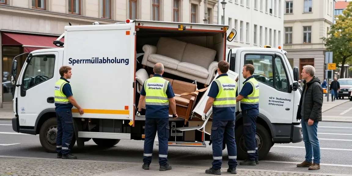 Sperrmüllabholung 80 Euro Berlin service in action, professional team efficiently collecting bulky furniture on a sunny day.