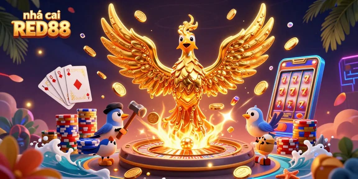Experience thrill with nhà cái RED88 as it showcases a majestic phoenix of gold enveloped in casino riches.