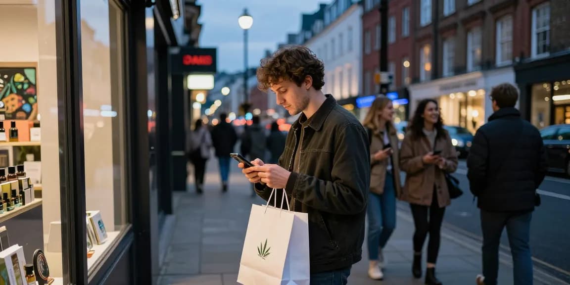 How Can I Buy High THC Potent Weed In London Discreetly? Urban shopper discreetly browsing cannabis products on a mobile device in London's vibrant streets.